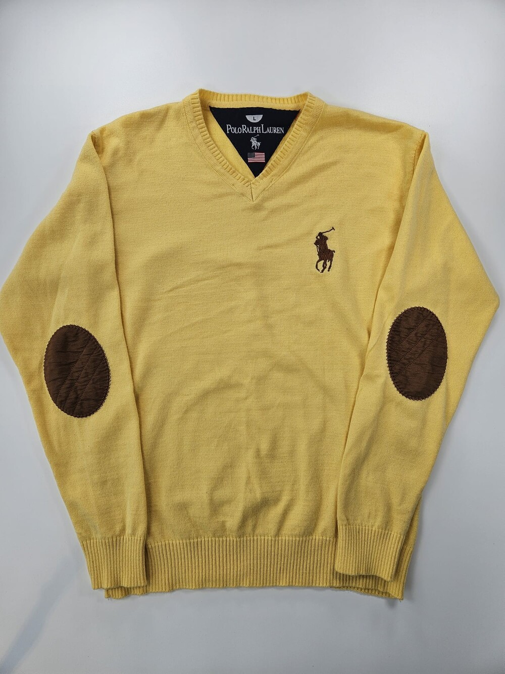 Polo Ralph Lauren Vintage Yellow V-Neck Sweater – Brown Elbow Patches – Size L - Picture 2 of 9